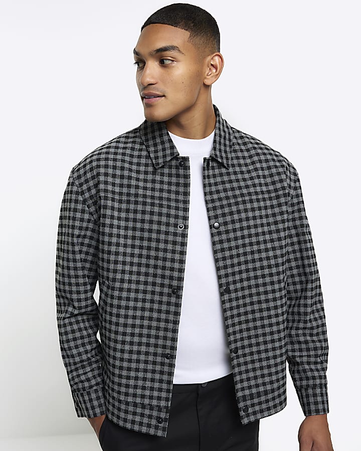 Grey slim fit boucle check Harrington jacket