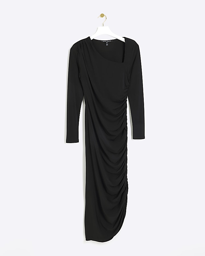 Black ruched asymmetric bodycon midi dress