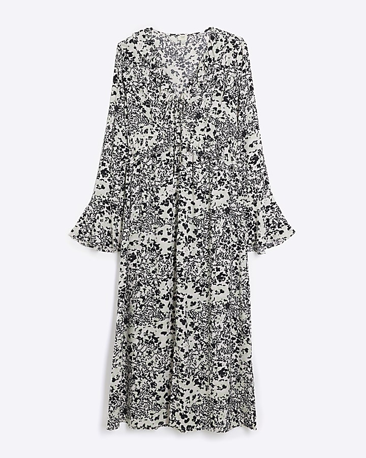 Black animal print frill swing midi dress