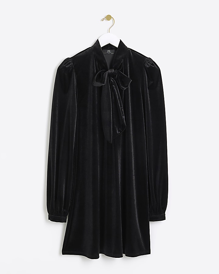 Black velvet tie neck shift mini dress
