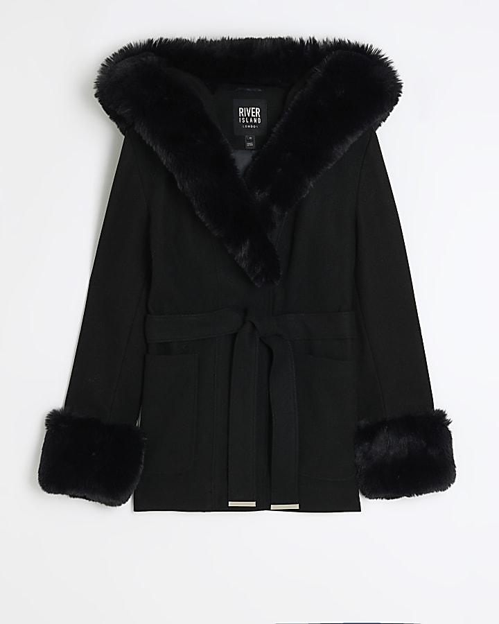 Black faux fur belted coat