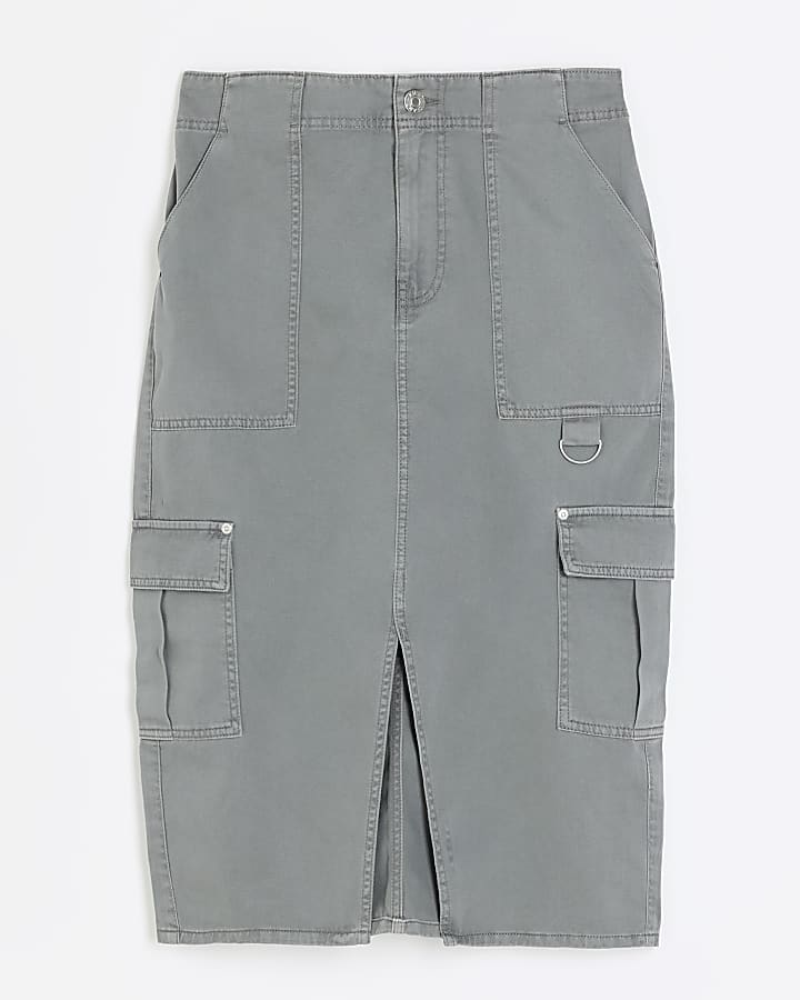 Grey Washed Cargo Midi Denim Skirt