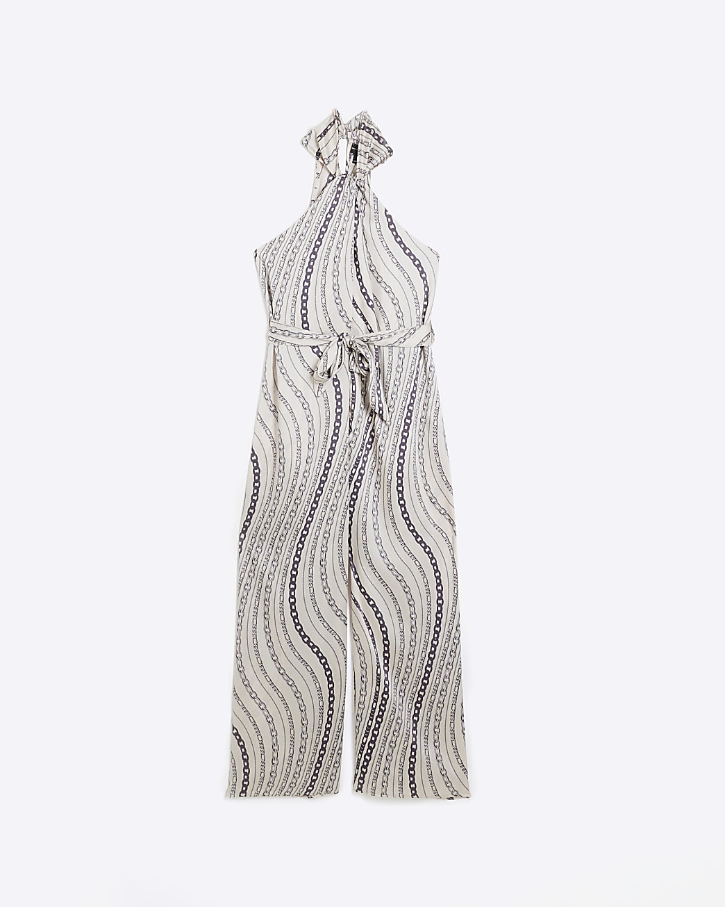 White satin chain print halter jumpsuit