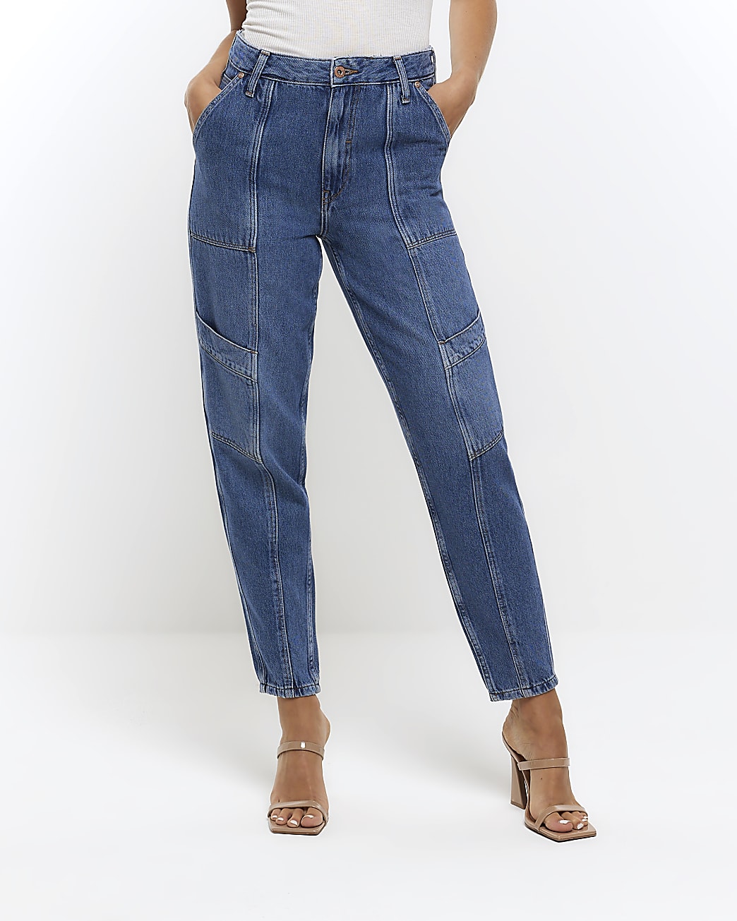 Blue high waist seam detail slim jeans
