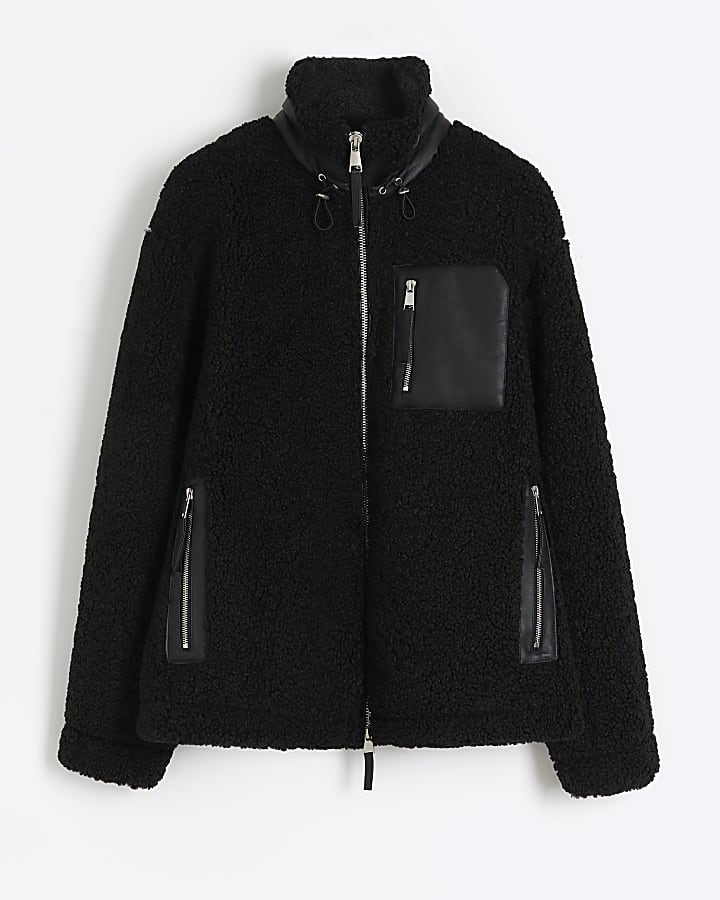 Black regular fit borg funnel neck jacket