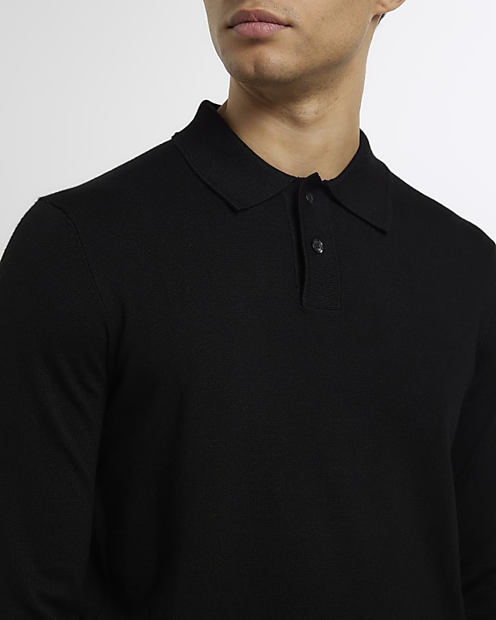 Black slim fit long sleeve polo