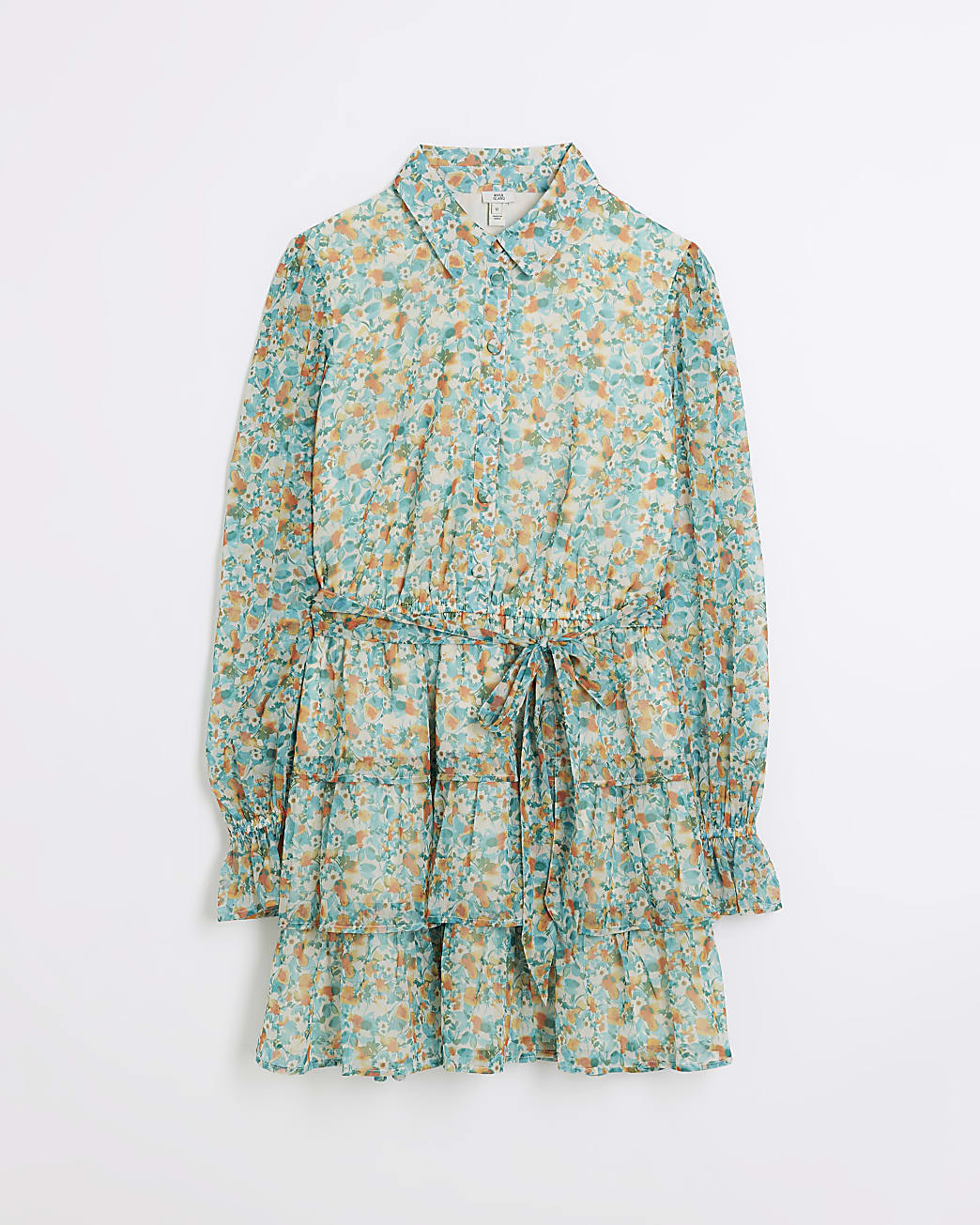 Blue floral tiered mini shirt dress