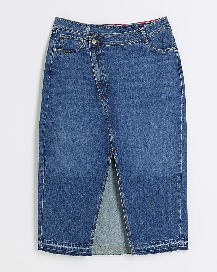 Plus blue asymmetric waist denim maxi skirt