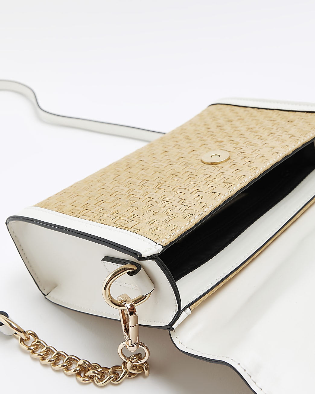 White raffia chain strap mini tote bag