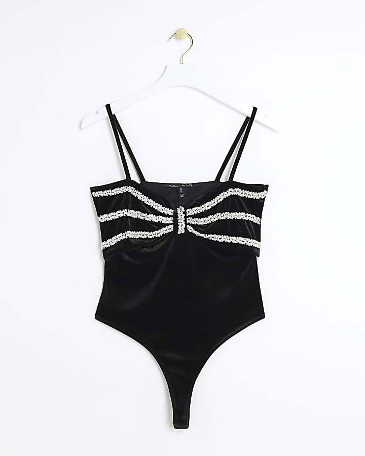 Black velvet pearl bow bodysuit
