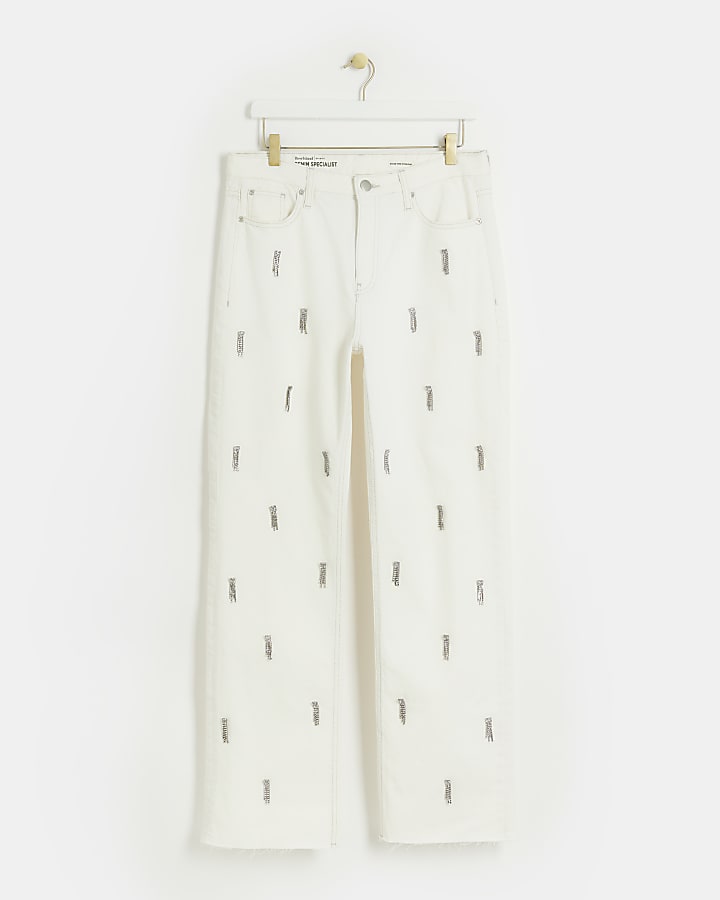 White embellished stove pipe straight jeans