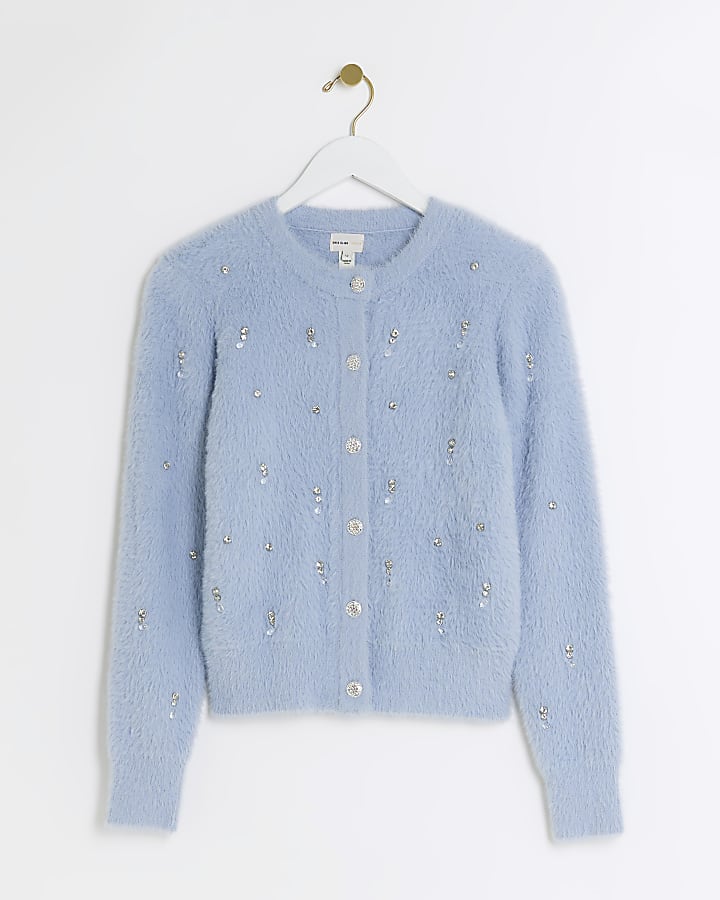Blue embellished fluffy cardigan