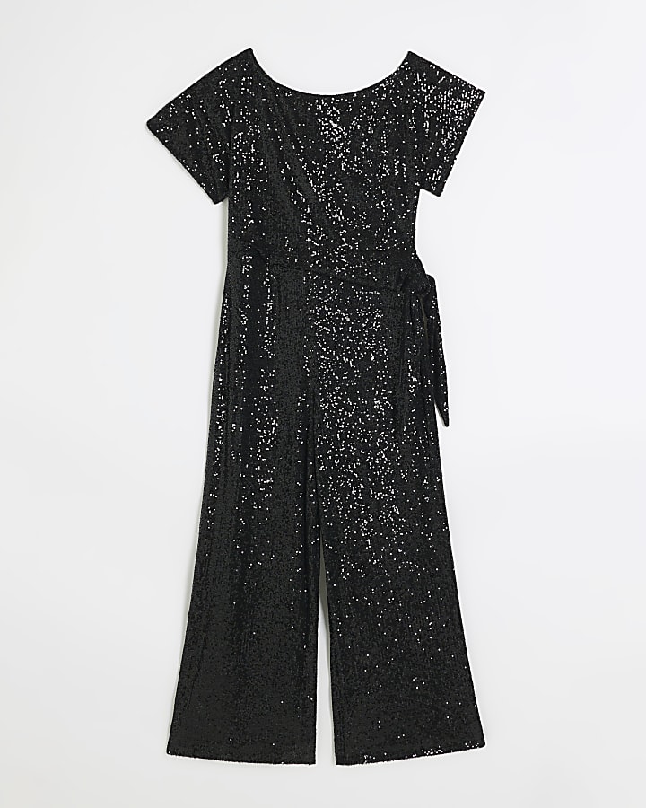 Black sequin tie side jumpsuit