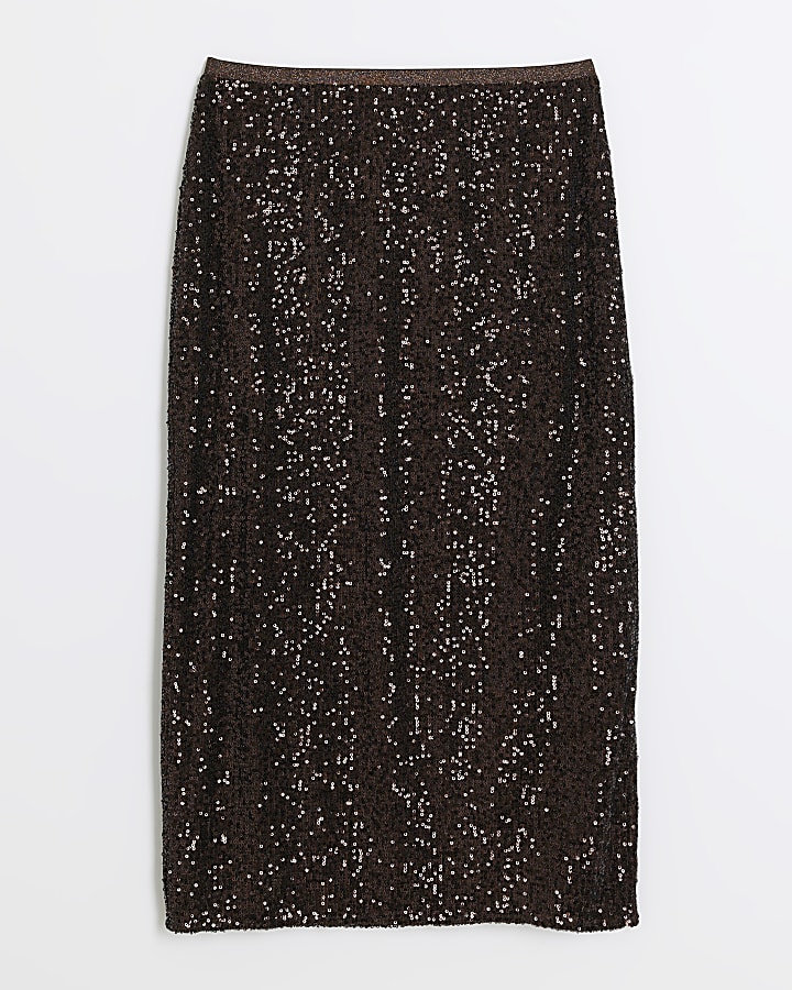 Petite brown sequin midi skirt