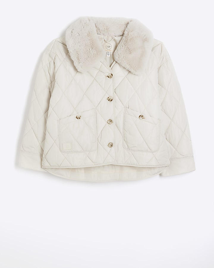 Cream faux fur collar padded jacket