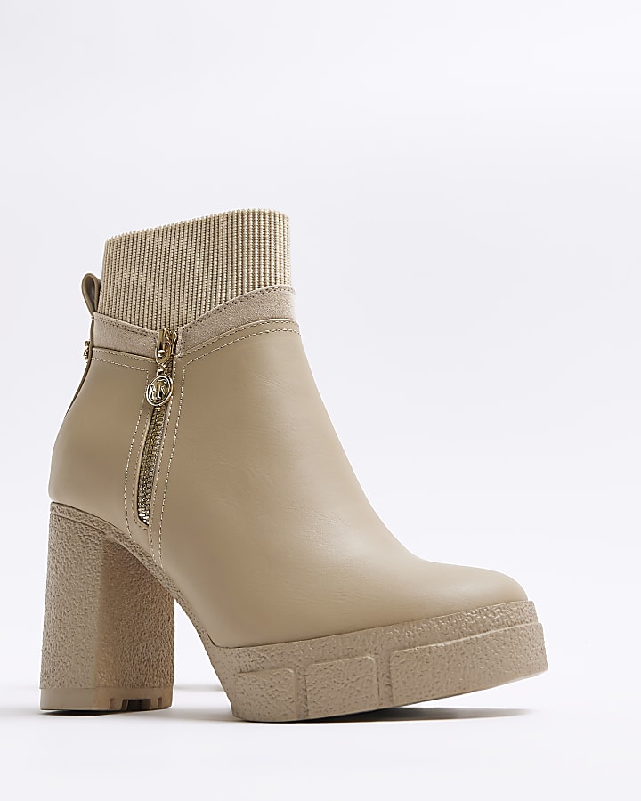 Cream side zip heeled ankle boots