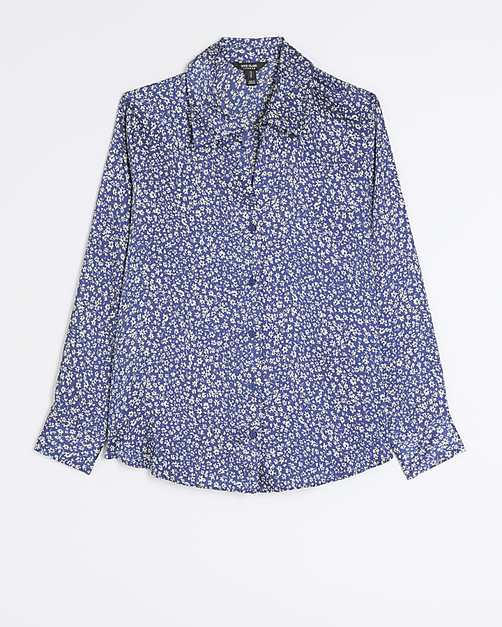 Blue floral satin long sleeve shirt
