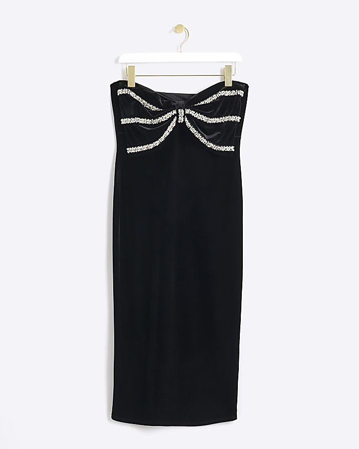 Black velvet pearl bow bandeau midi dress