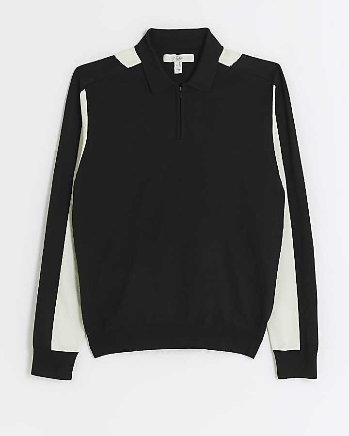 Black slim fit colour block zip polo