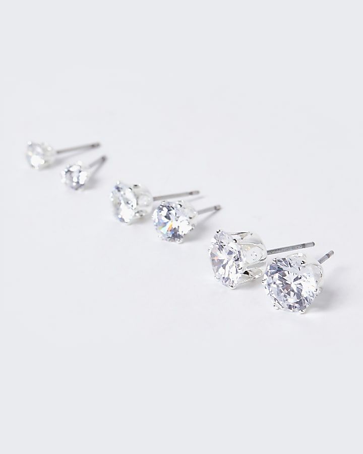 Silver diamante stud earrings multipack