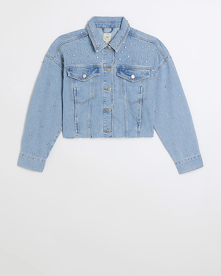 Blue embellished crop denim jacket