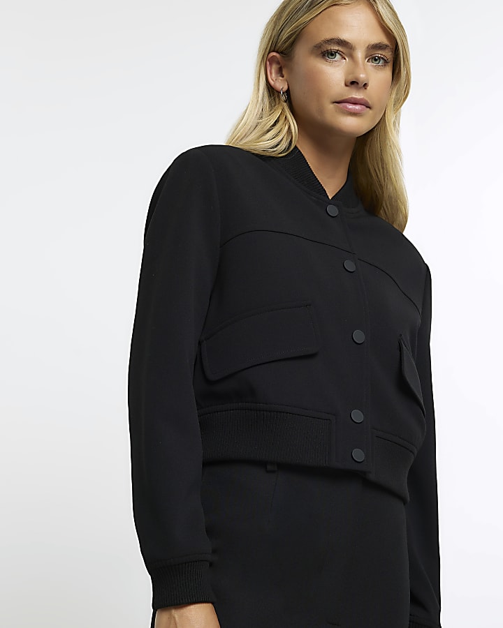 Black tailored crop bomber jacket