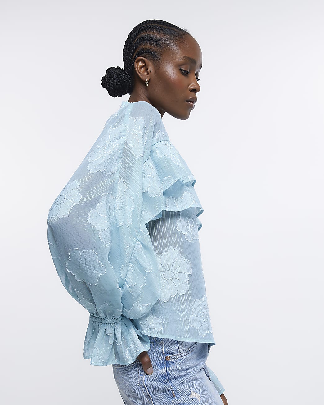 Blue floral frill long sleeve blouse