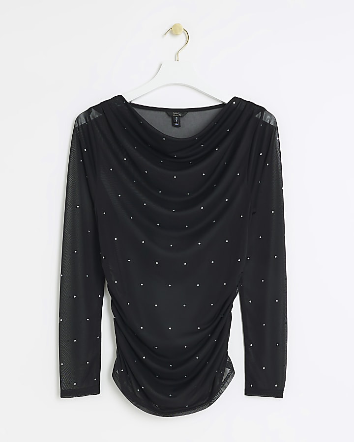 Black ruched diamante blouse