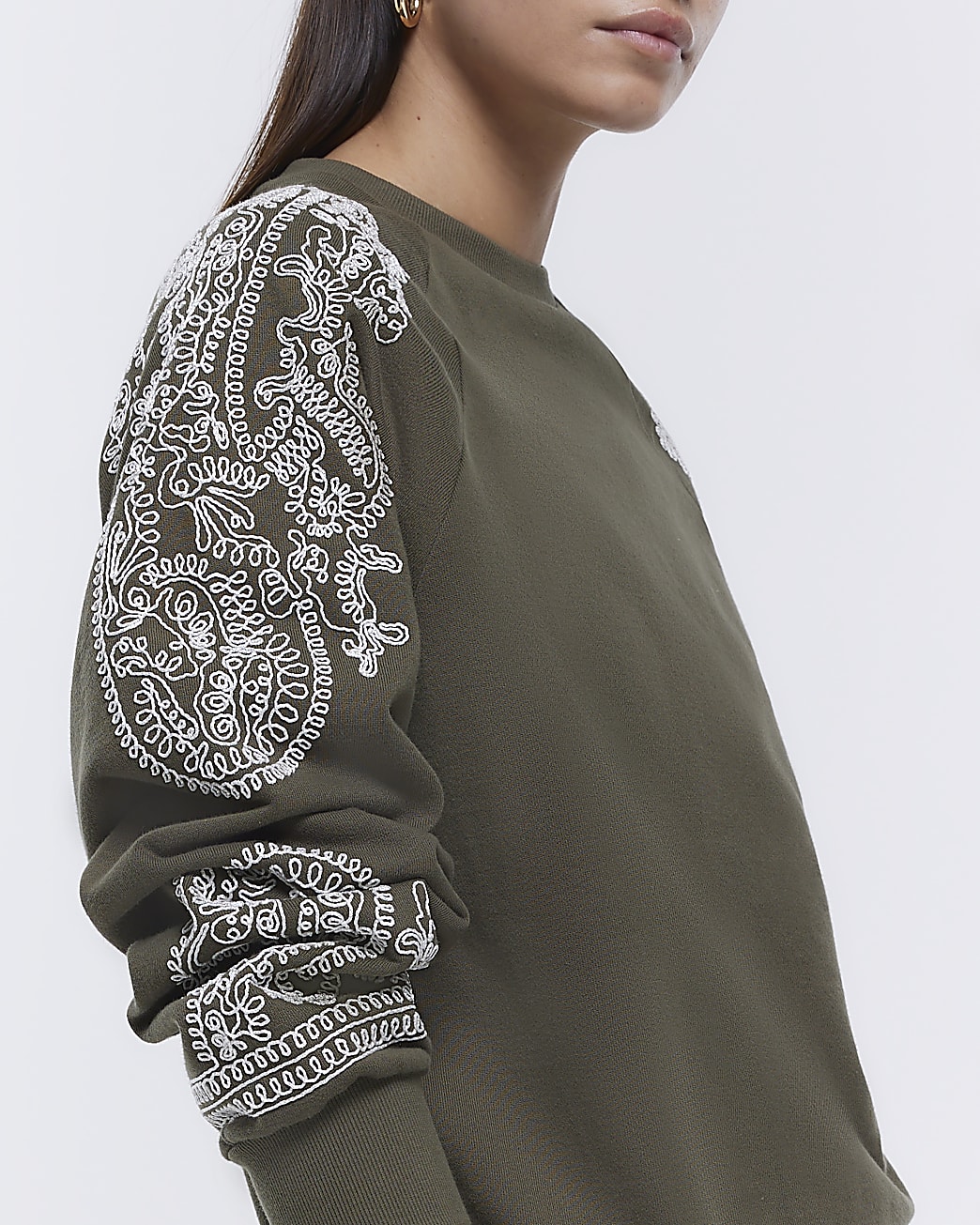 Khaki printed sleeve sweatshirt