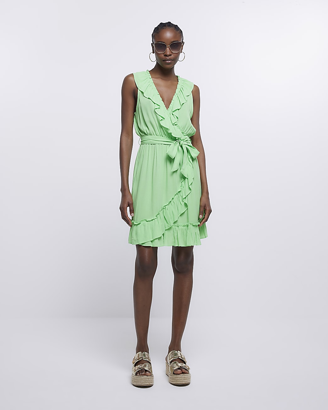 Green wrap frill wrap dress