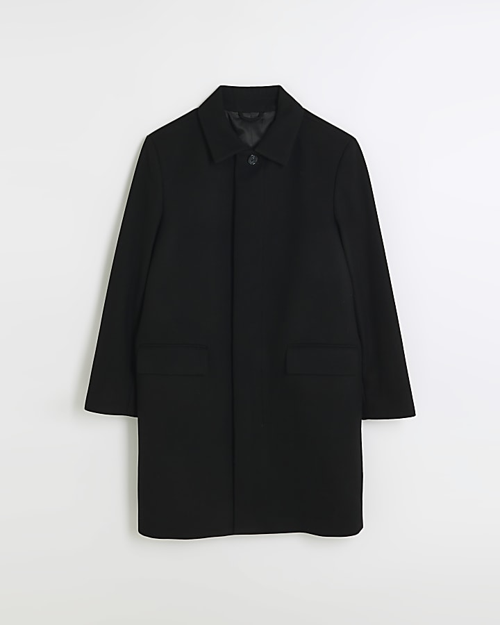 Black regular wool blend longline car coat