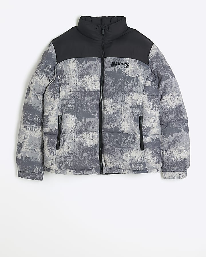 Grey regular fit texture print puffer jacket