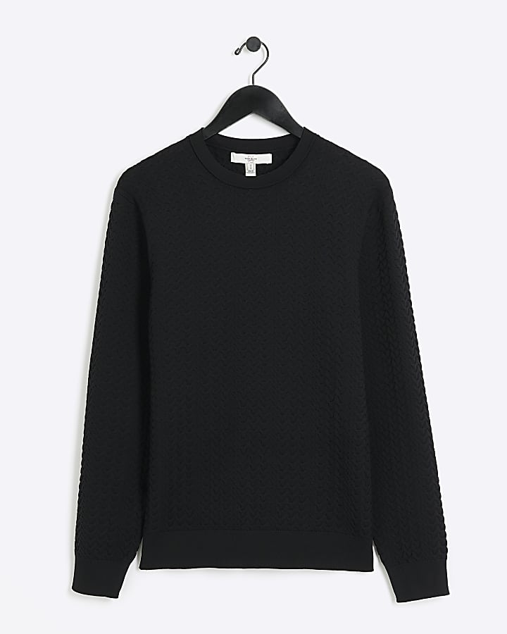 Black muscle fit cable knit jumper