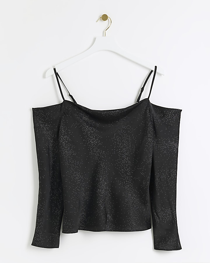 Black satin diamante cold shoulder top