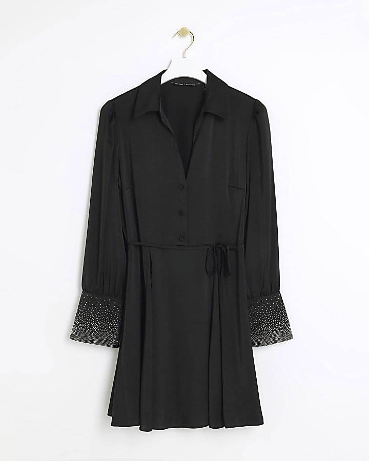 Black diamante cuff mini shirt dress
