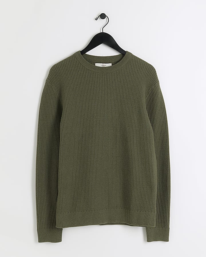 Khaki slim fit waffle texture jumper