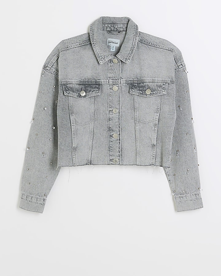 Grey embellished crop denim jacket