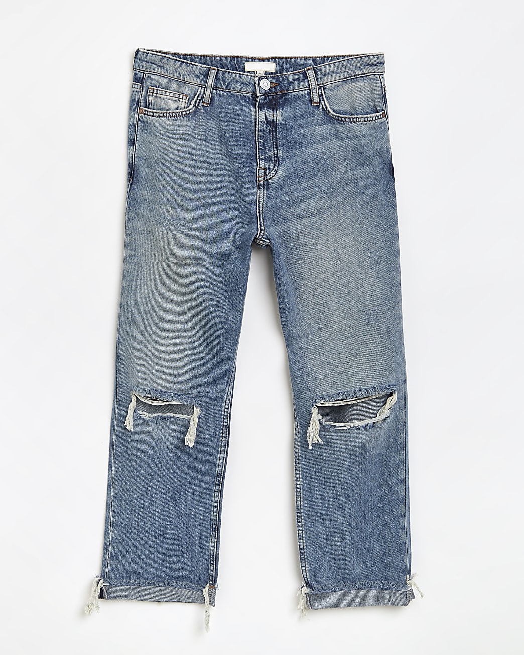 Blue ripped low rise straight leg jeans
