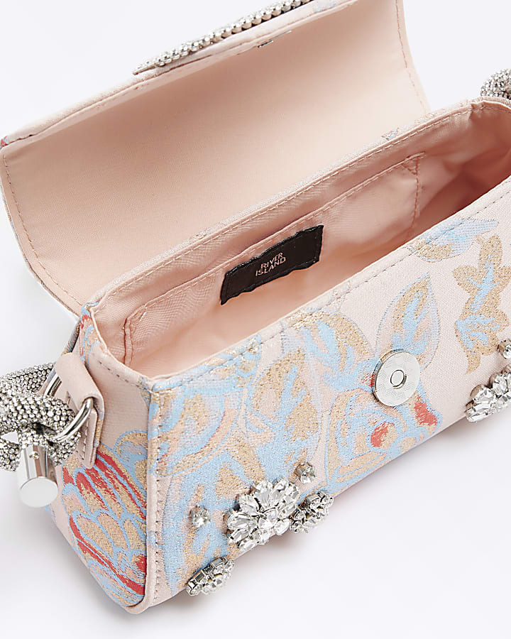 Pink jacquard embellished clutch bag