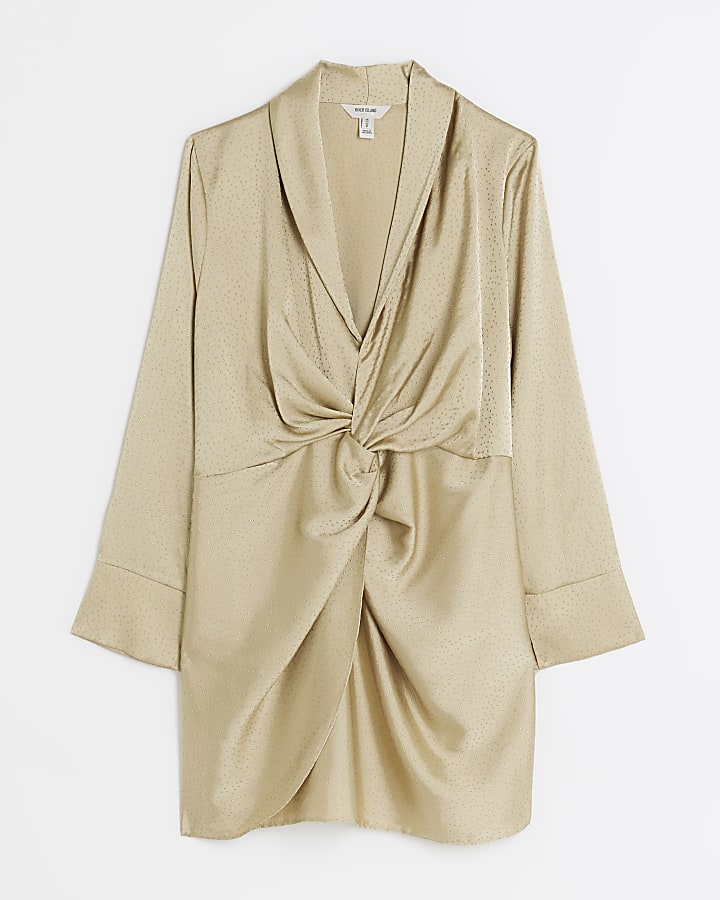 Petite gold front knot bodycon mini dress