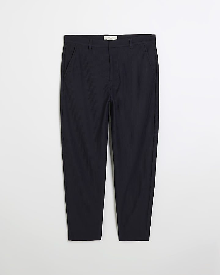 Navy tapered fit plisse smart trousers