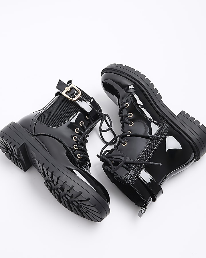 Black wide fit patent buckle boots
