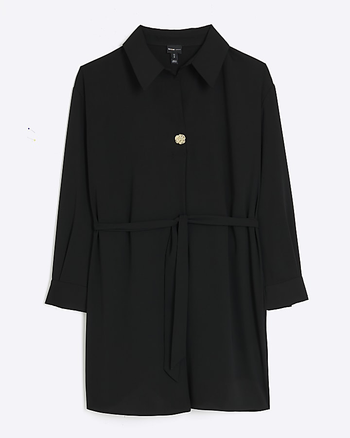 Black belted mini shirt dress