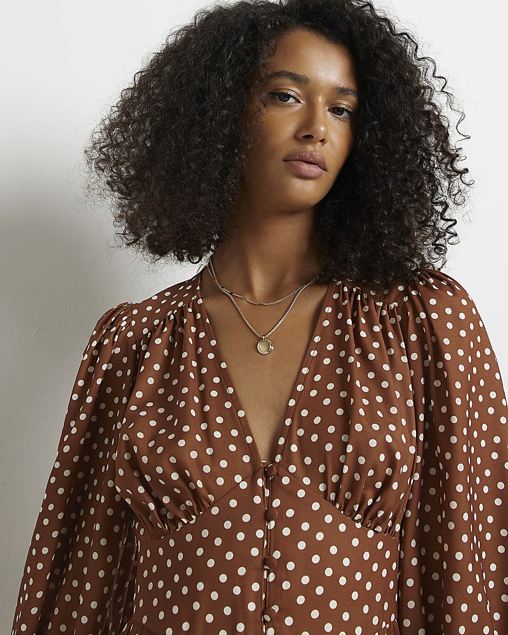 Brown spot satin long sleeve midi dress