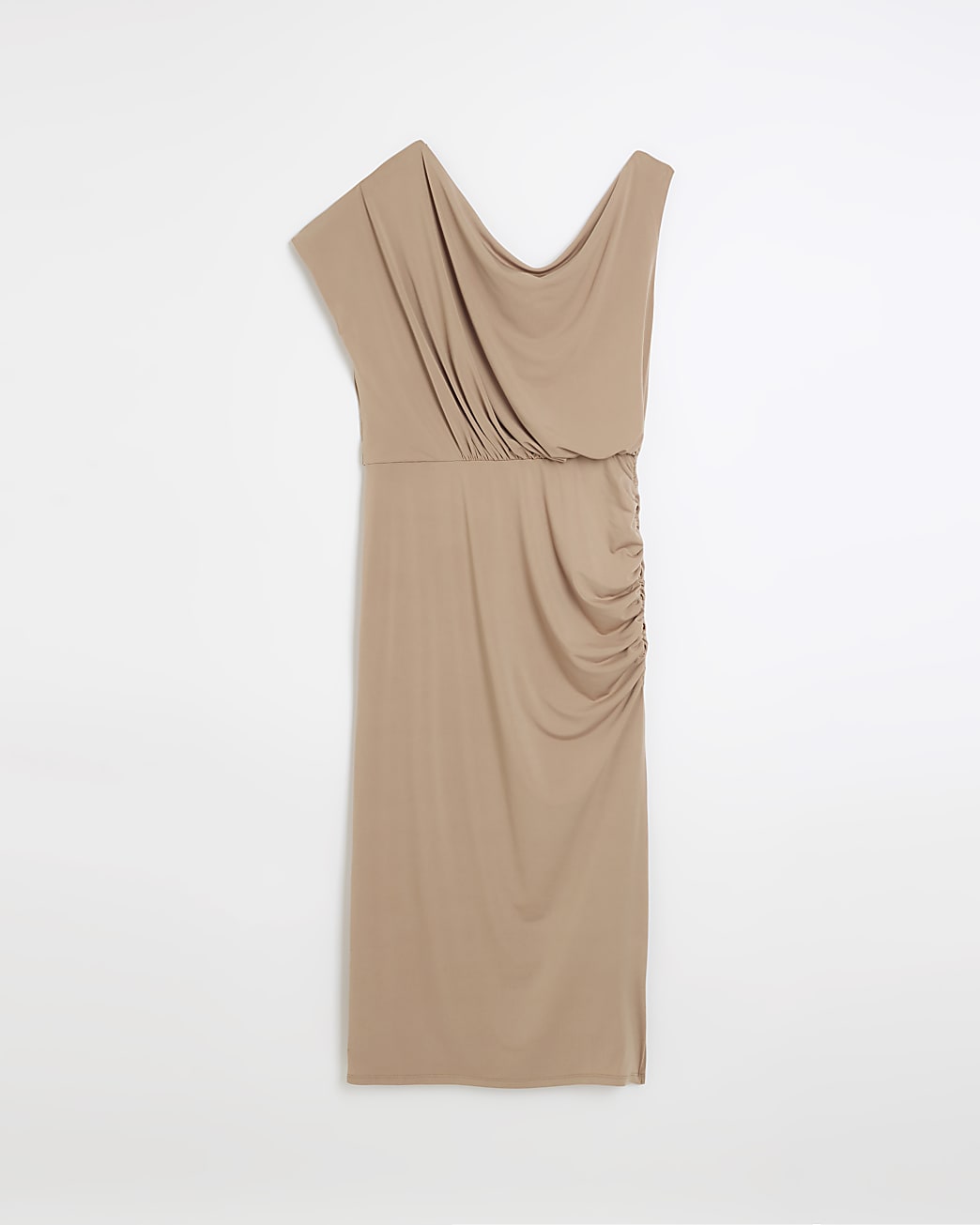 Beige bardot drape bodycon midi dress