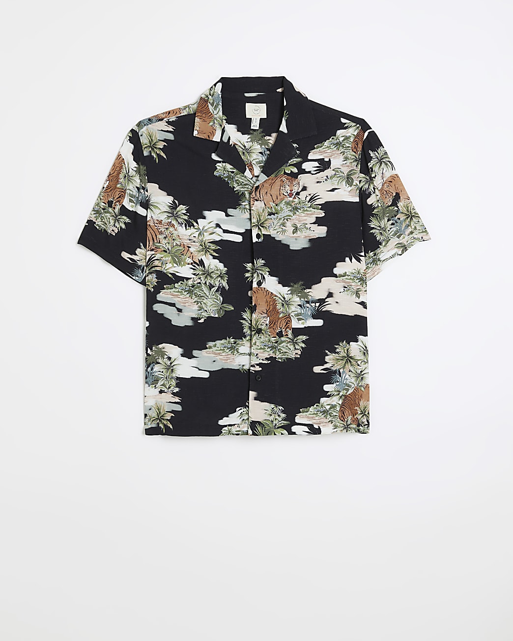 Black regular fit tiger print revere shirt