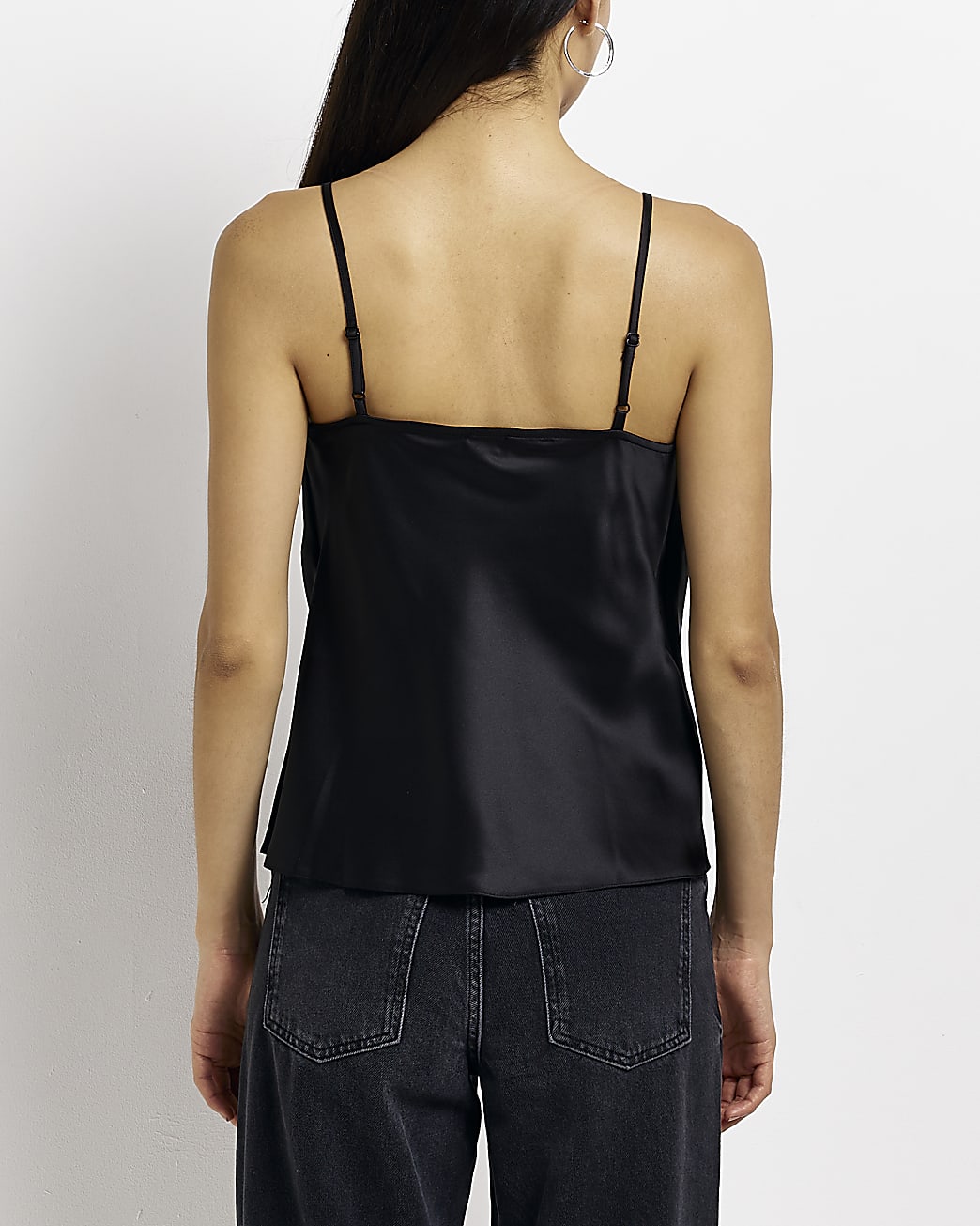Black satin lace trim cami top