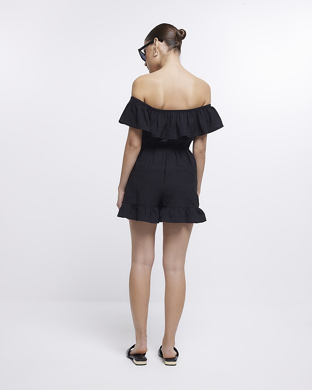Black bardot frill playsuit