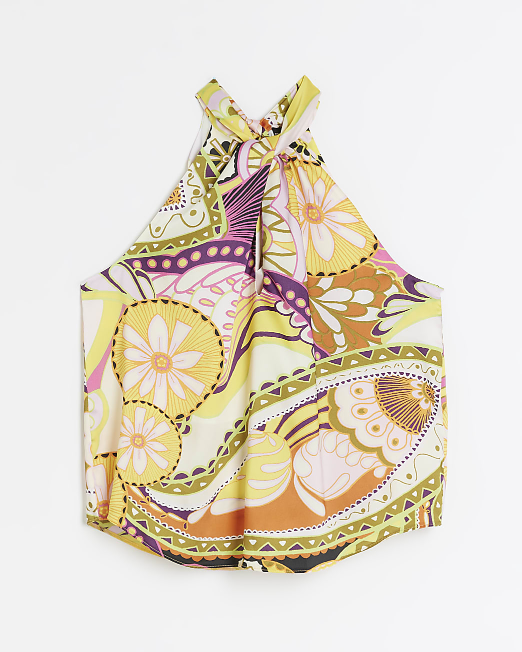 Yellow satin paisley halter neck blouse