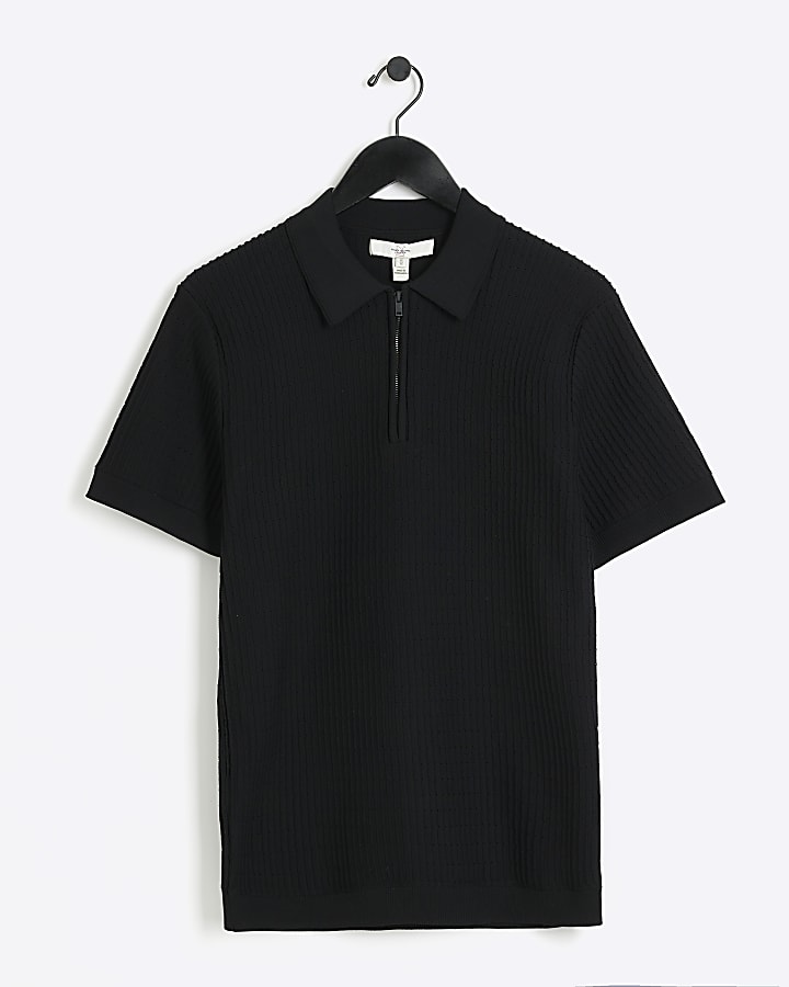 Black muscle fit rib half zip polo